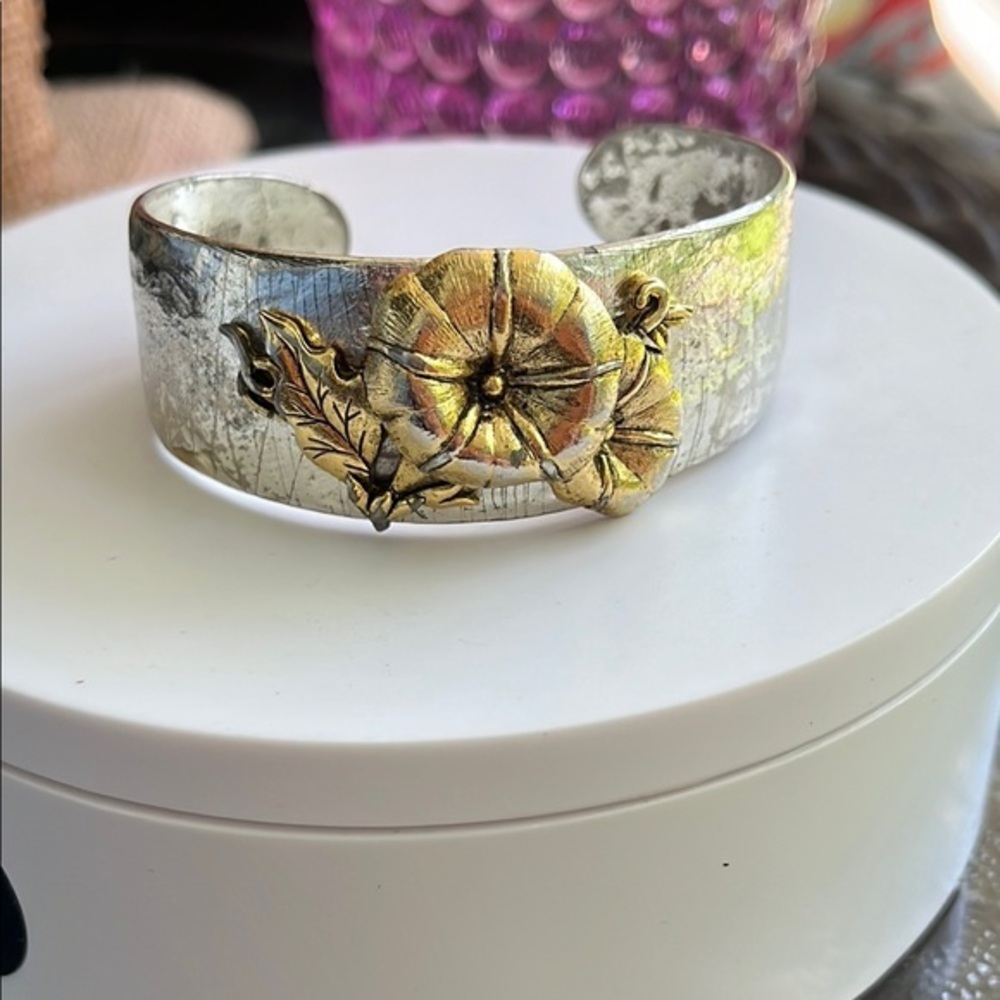 Morning Glory Floral Silver and Gold Cuff Bracelet Vintage